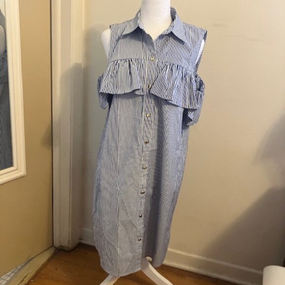 Michael Kors Blue and White Stripe Cold Shoulder Dress - Picture 6 of 7